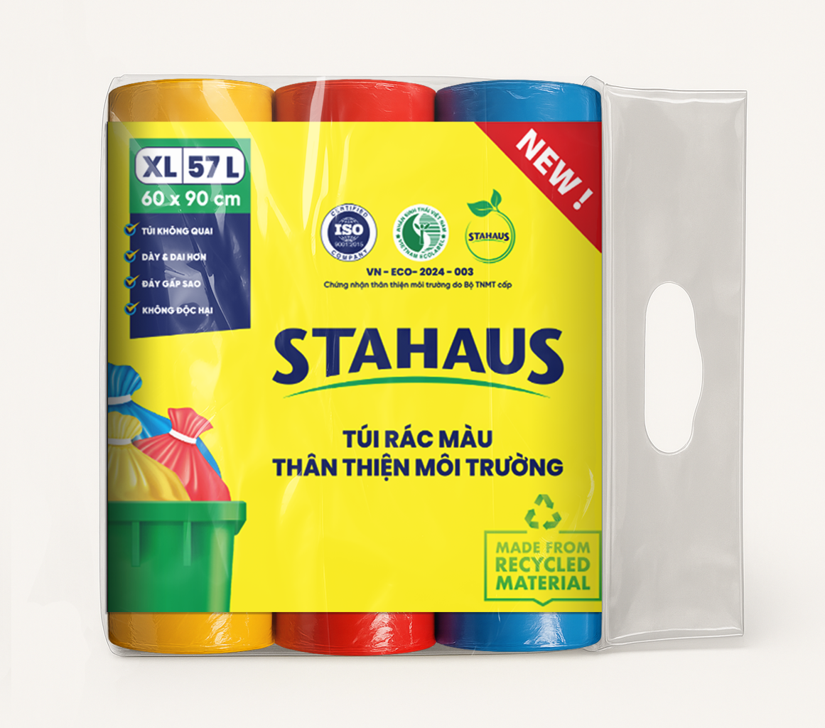 Túi rác TTMT Stahaus (xanh, hồng, vàng) size XL 60x90cm (57L) 3 cuộn/ 1kg